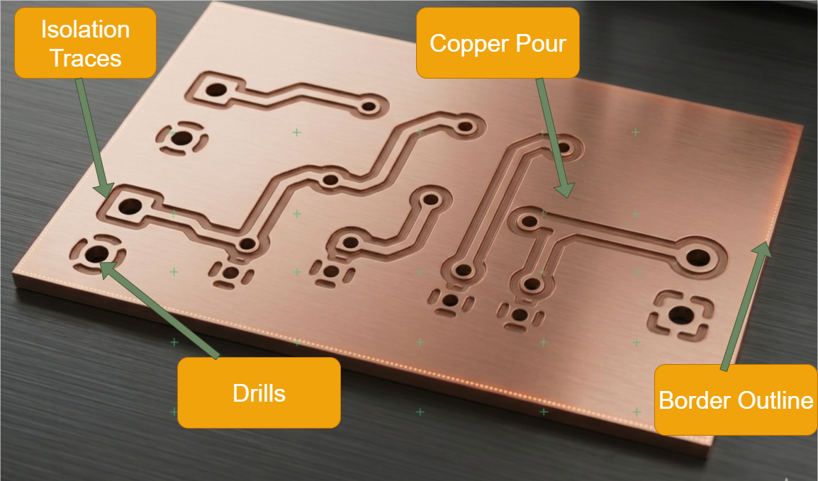 Milled PCB with callouts: isolation traces, copper pour, drill hits, board outline cut, probe grid
