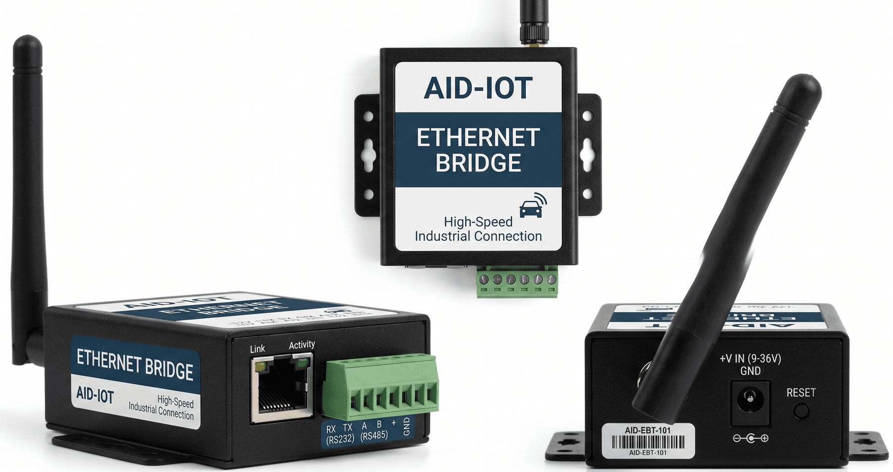 AID-IOT Ethernet Bridge — front, rear and top views showing all connectors and the antenna