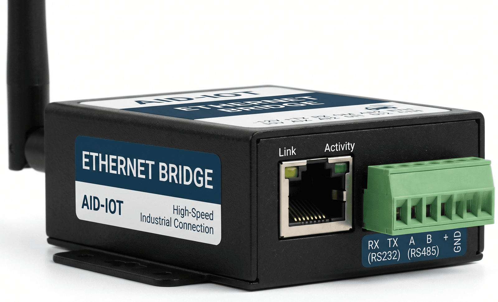 AID-IOT Ethernet Bridge — angled product view with antenna, RJ45 and RS485/RS232 terminal block